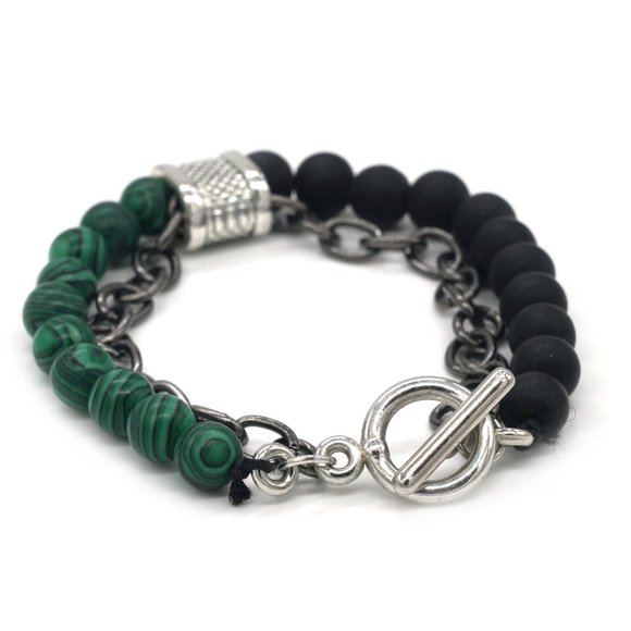 Men's bracelet with lava rock and Malachite stones. Toggle clamp. - Picture 4 of 5